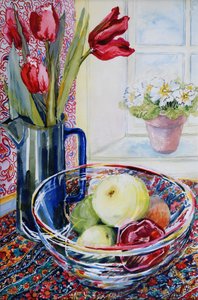 Tulipanes en una jarra, con un cuenco de vidrio, 2003 de Joan Thewsey